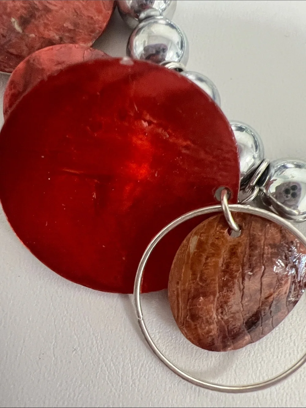 Silver Bead Bracelet with Red Shell Discs